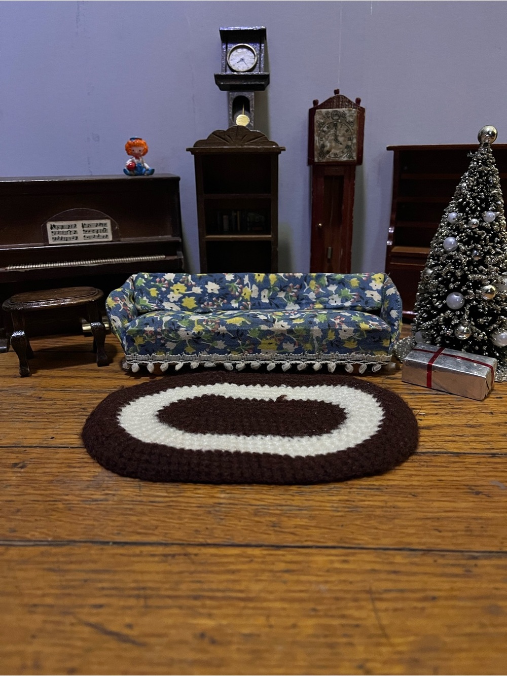 Dollhouse furniture piano loving room couch clocks rug miniature vintage mcm